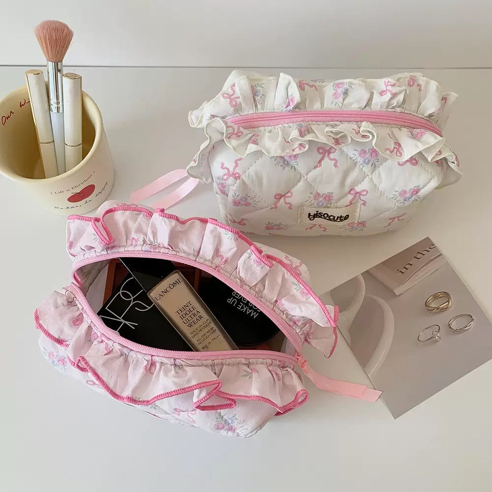 Bow Ruffle Quilted Makeup Pouch