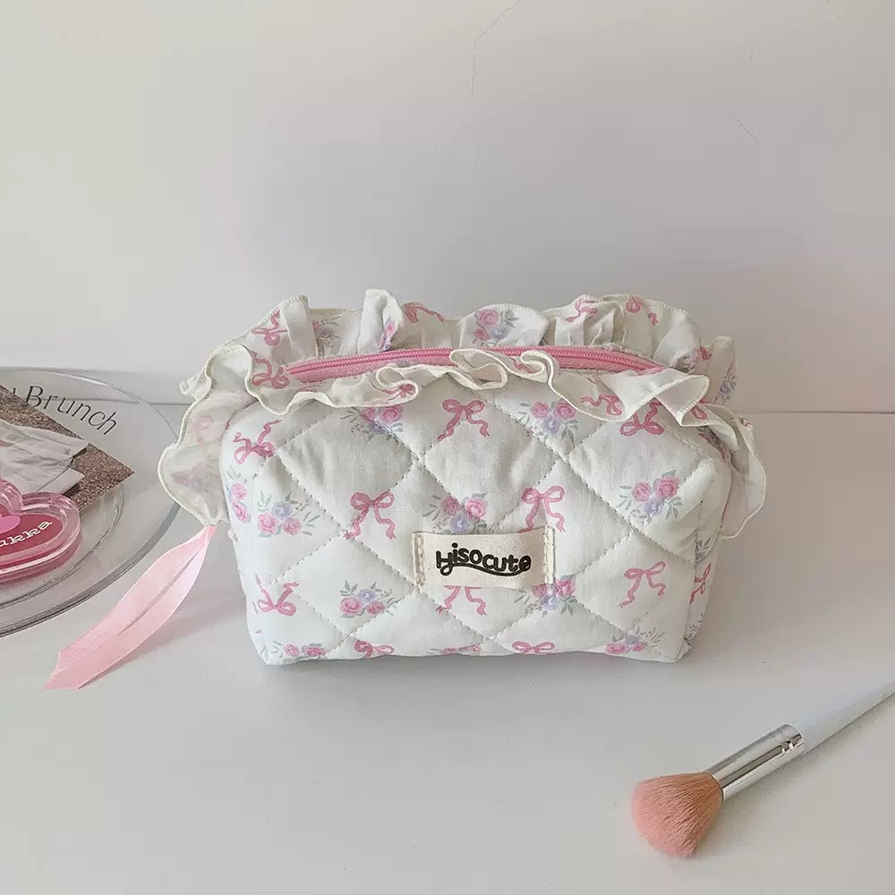 Bow Ruffle Quilted Makeup Pouch