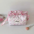 Bow Ruffle Quilted Makeup Pouch