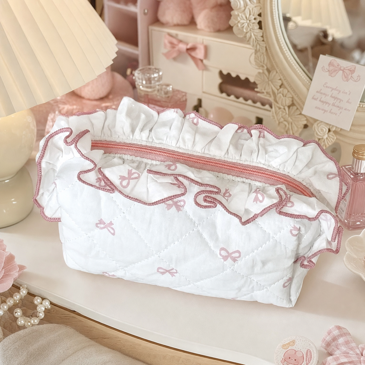 Sweet Ruffle Bow Quilted Cosmetic Pouch