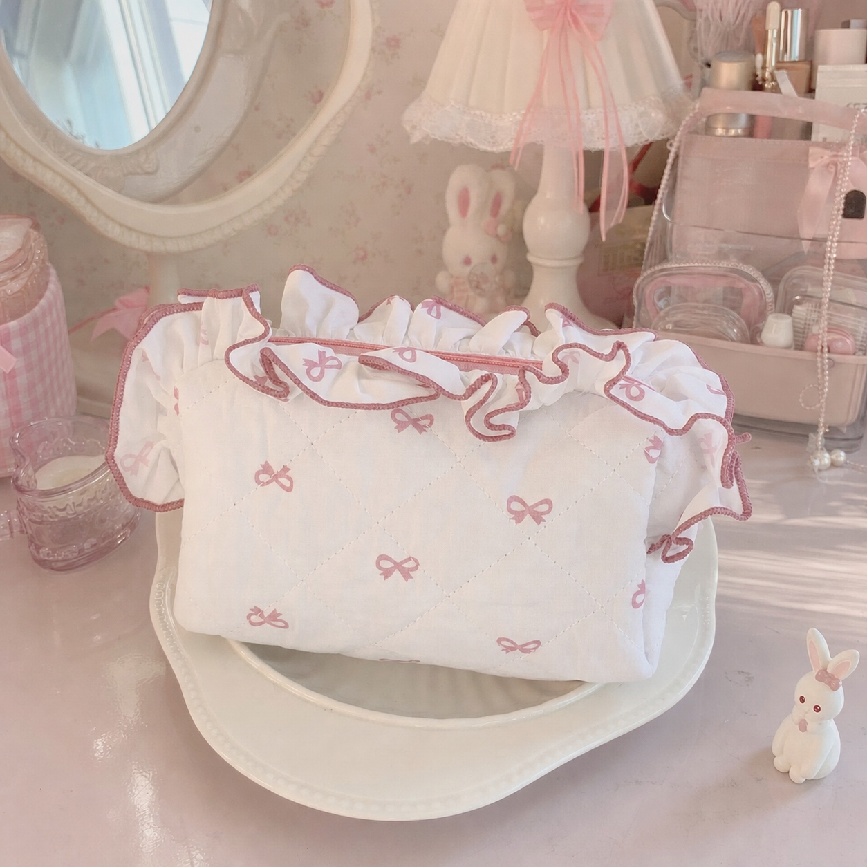 Sweet Ruffle Bow Quilted Cosmetic Pouch