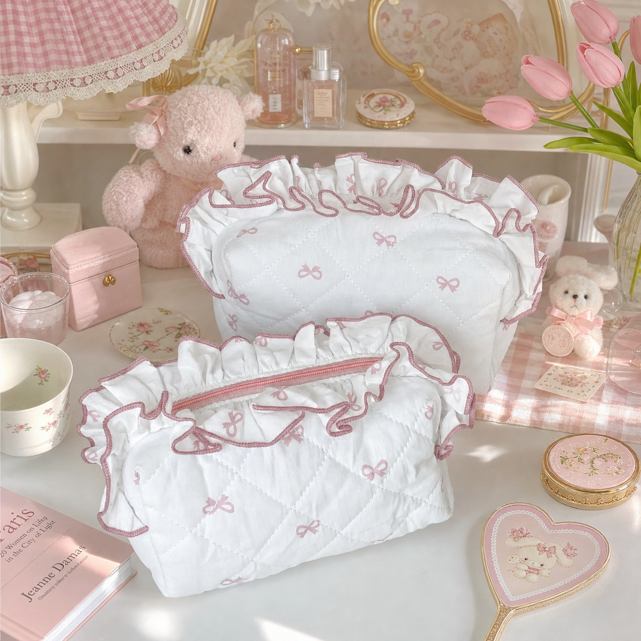 Sweet Ruffle Bow Quilted Cosmetic Pouch
